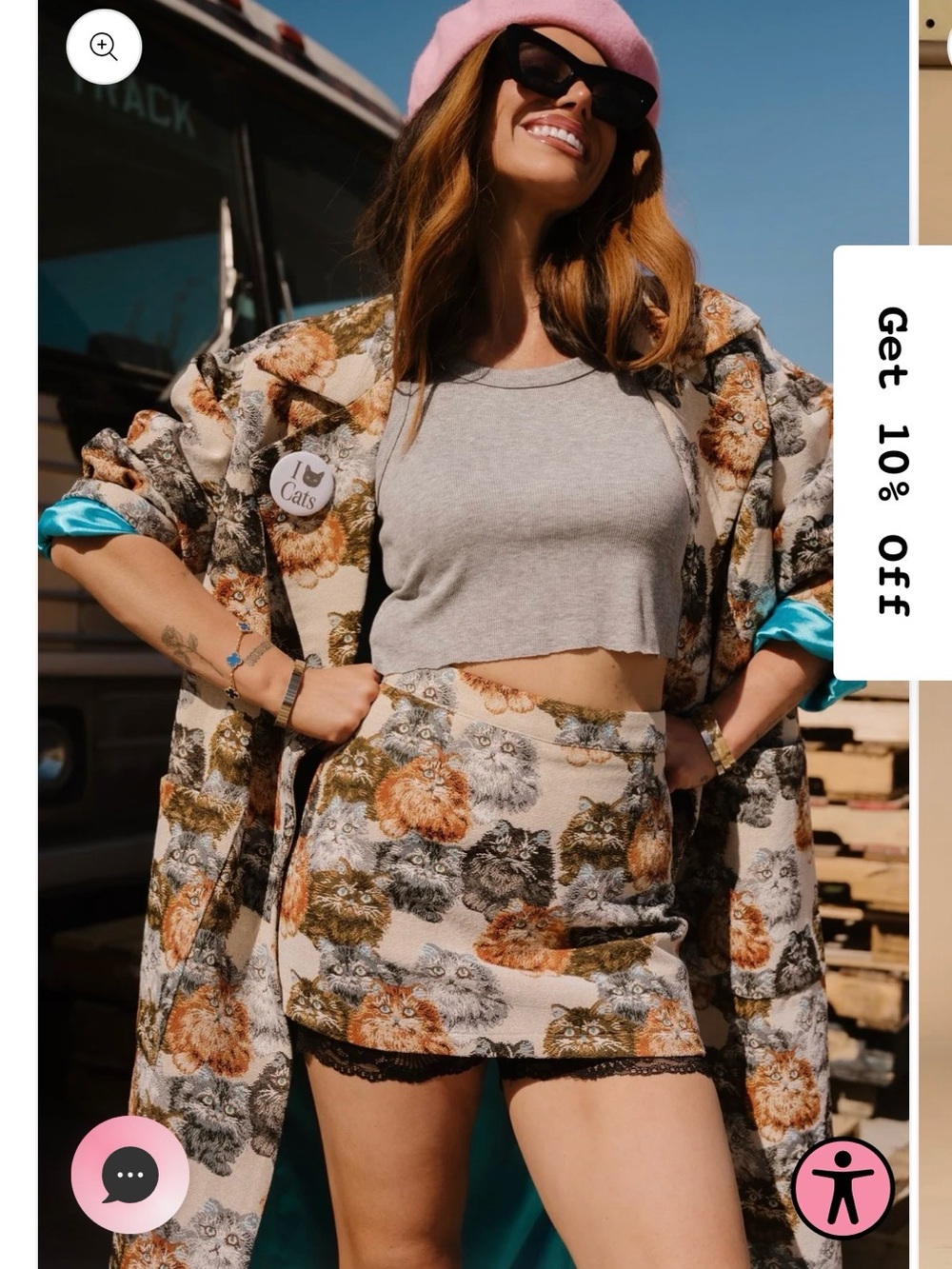 Dressed in LALA Beige Mini Skirt with Multi-Colored Cat Tapestry - Picture 3 of 14